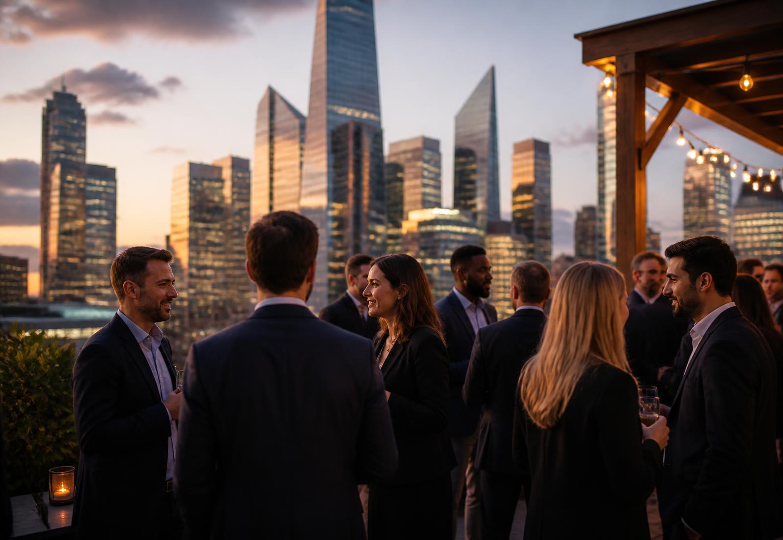 Professionals networking at a rooftop reception with a city skyline at dusk